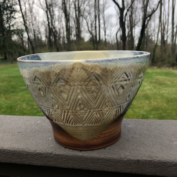 Vintage Pottery Craft Bowl - USA - Textured Geometric Design - Blue Brown Tan - Picture 6 of 10